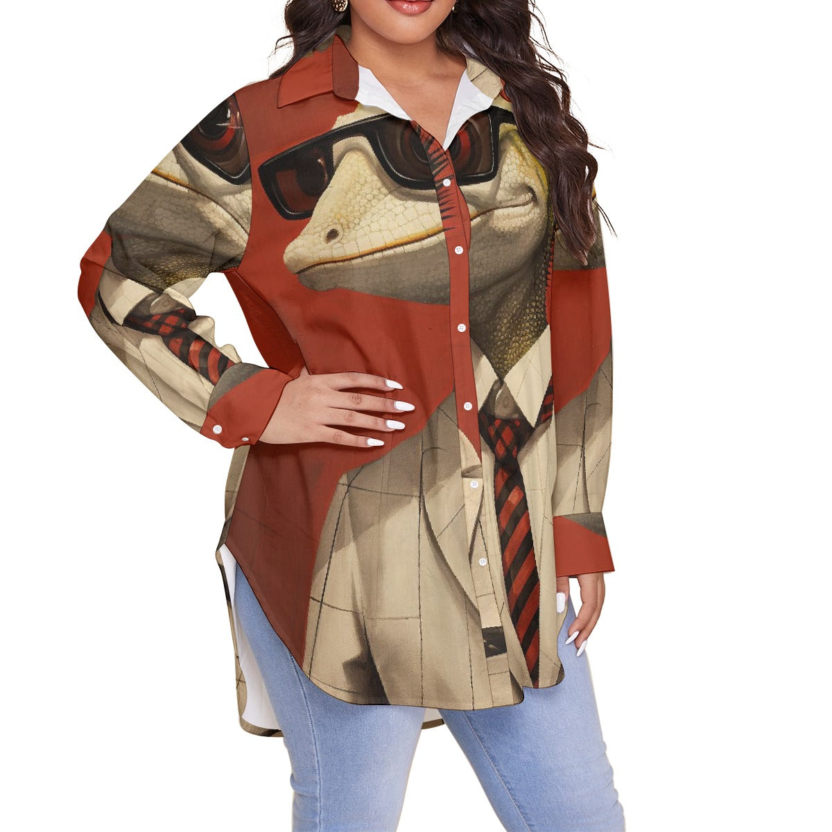 All-Over Print Women's Shirt With Long Sleeve(Plus Size)