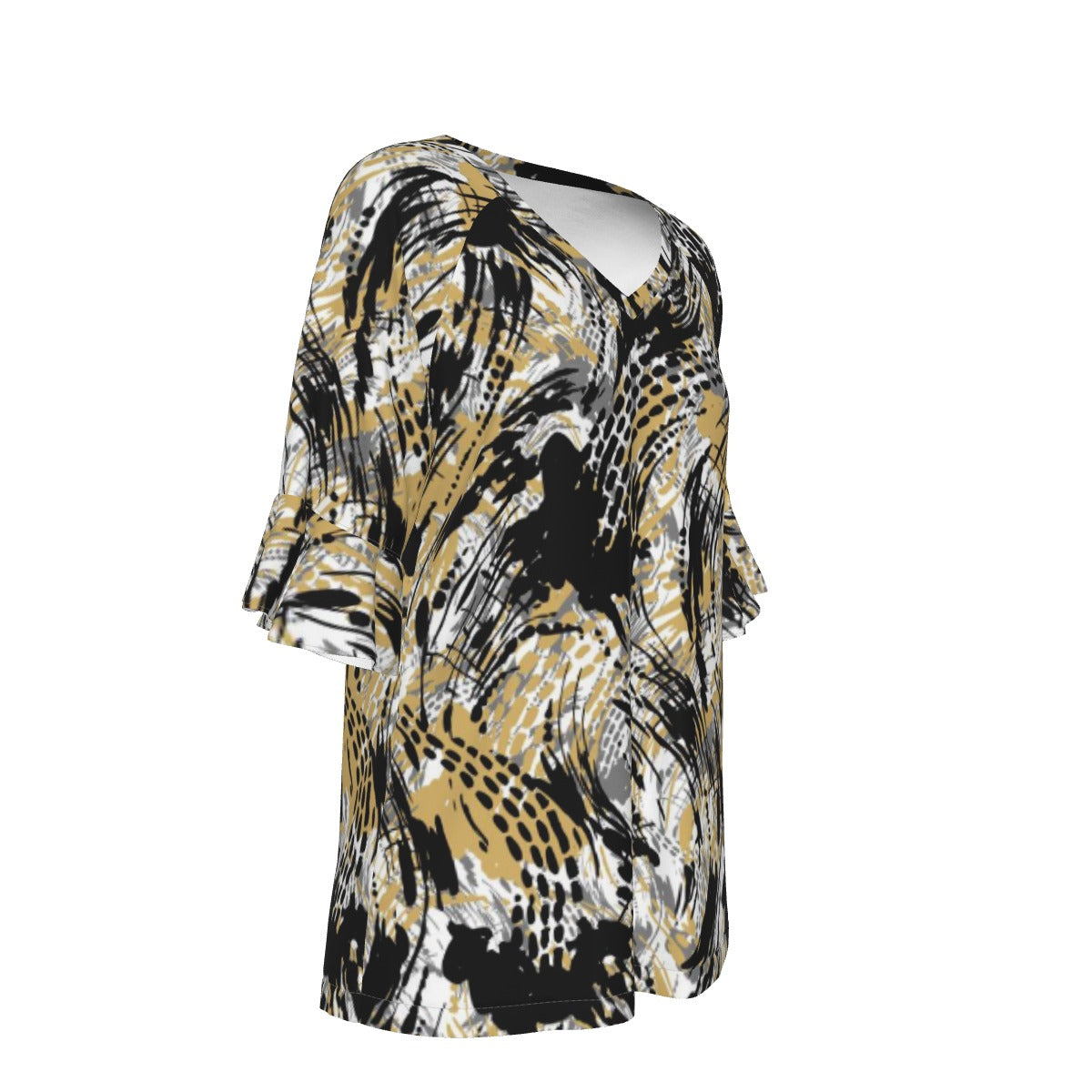 All-Over Print V-neck Women's T-shirt With Bell Sleeve