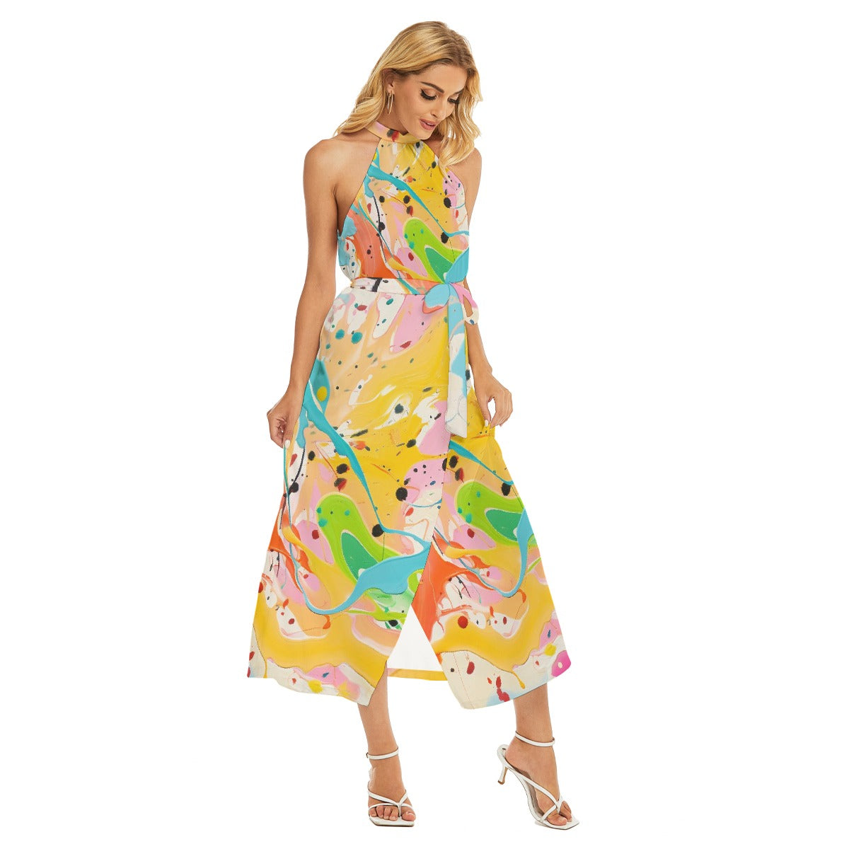 All-Over Print Women's Wrap Hem Belted Halter Dress