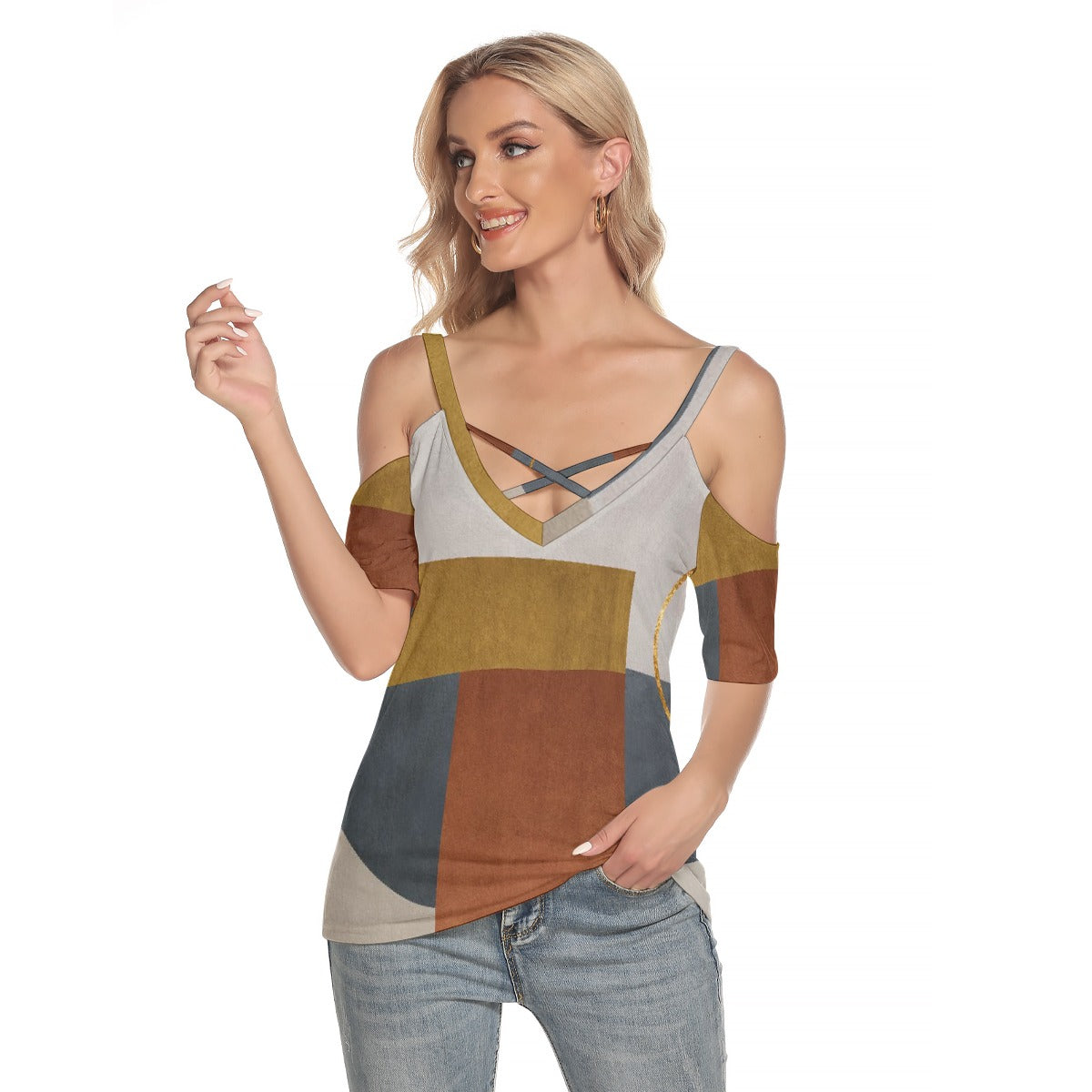 All-Over Print Women's Cold Shoulder T-shirt With Criss Cross Strips