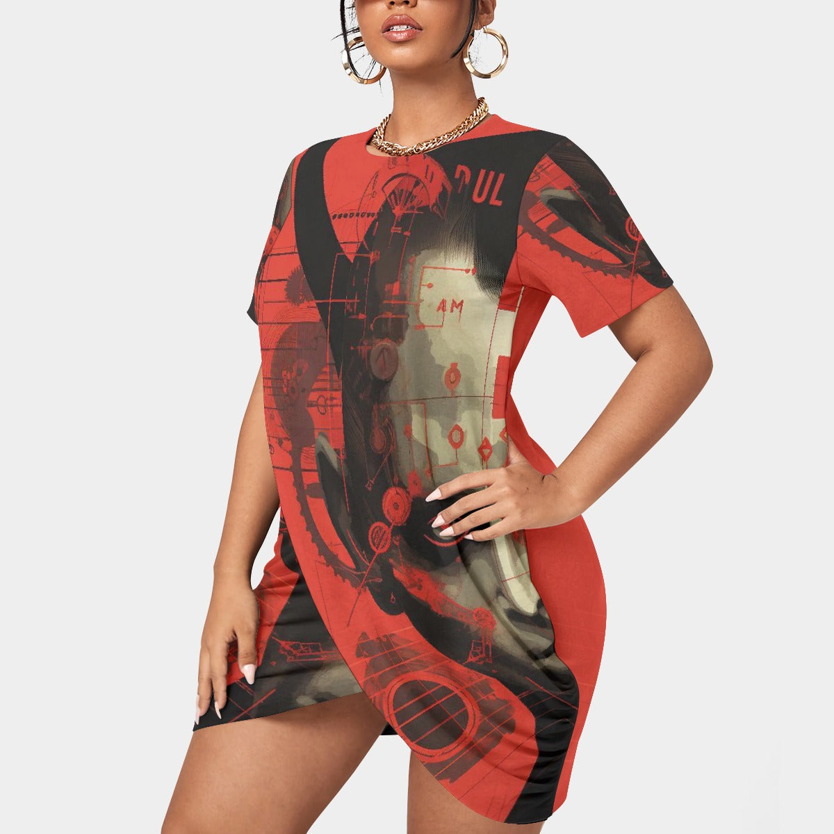 All-Over Print Women’s Stacked Hem Dress With Short Sleeve（Plus Size）