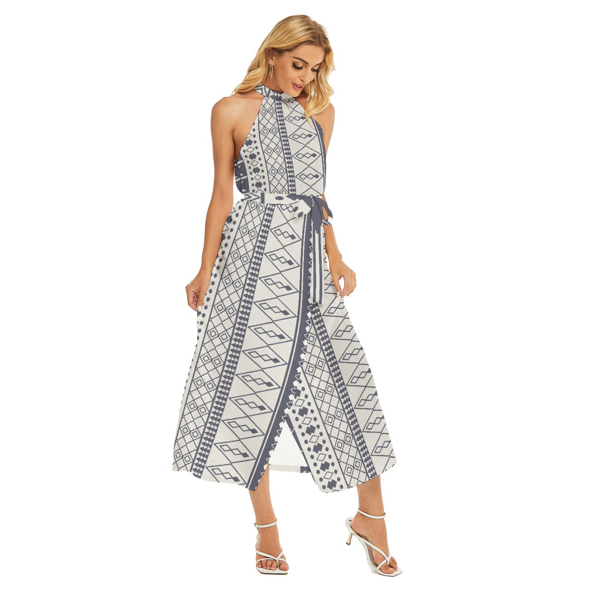 All-Over Print Women's Wrap Hem Belted Halter Dress