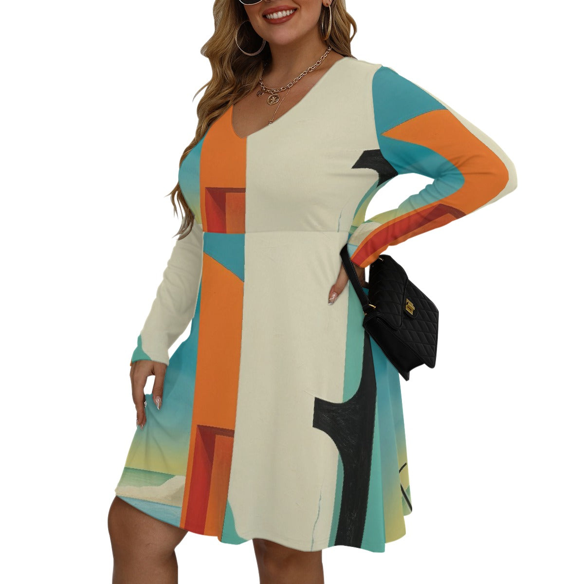 All-Over Print Women's V-neck Long Sleeve Dress(Plus Size)