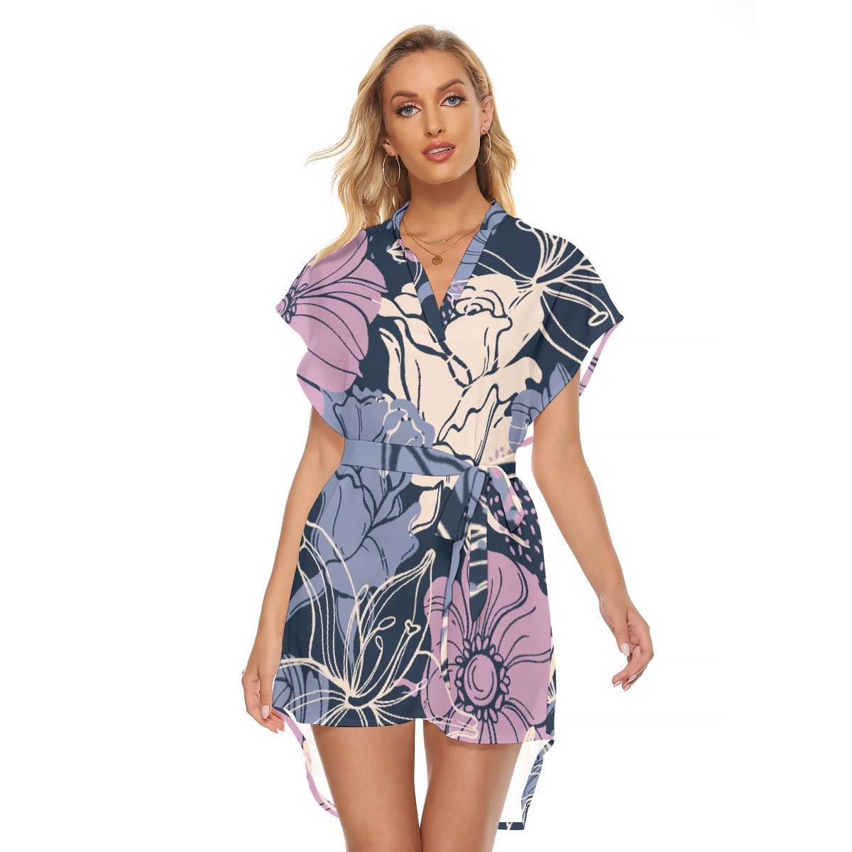 All-Over Print Women's Stand-up Collar Casual Dress With Belt