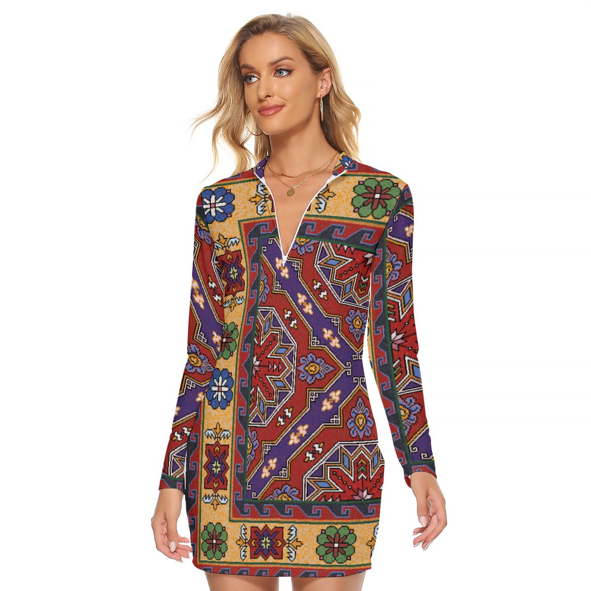 All-Over Print Women's Zip Front Tight Dress