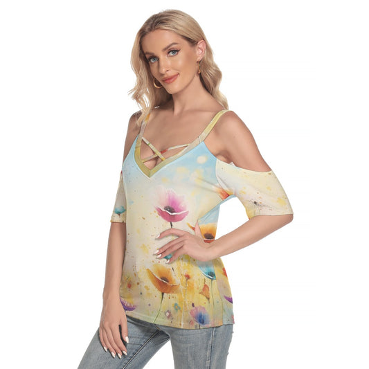 All-Over Print Women's Cold Shoulder T-shirt With Criss Cross Strips