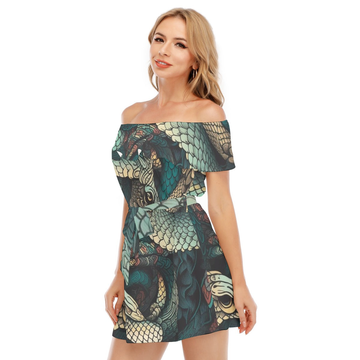 All-Over Print Women's Off-shoulder Dress With Ruffle