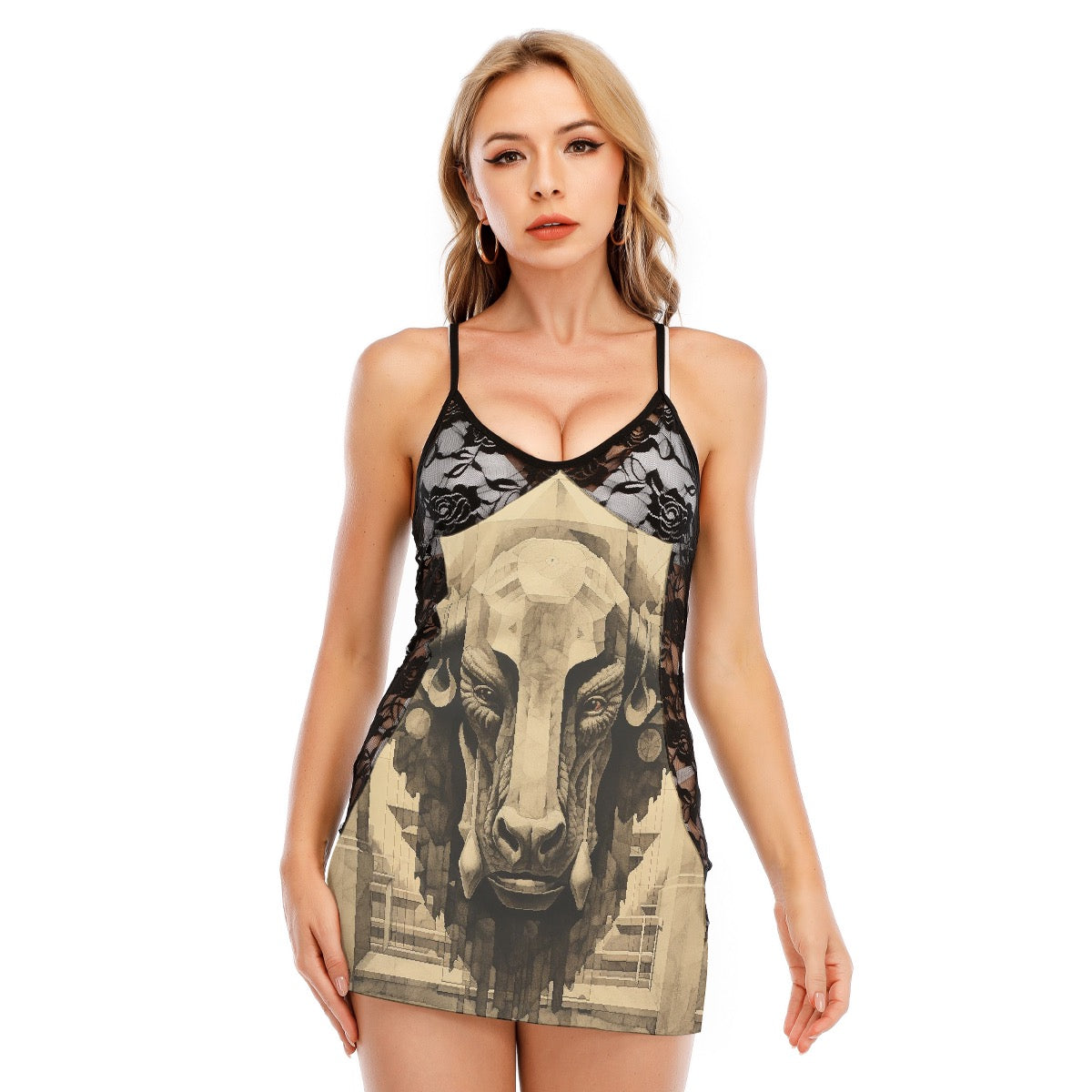 All-Over Print Women's Black Lace Cami Dress