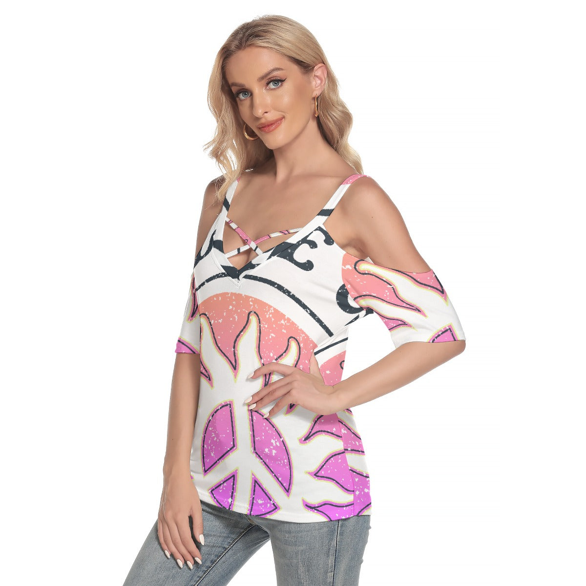 All-Over Print Women's Cold Shoulder T-shirt With Criss Cross Strips