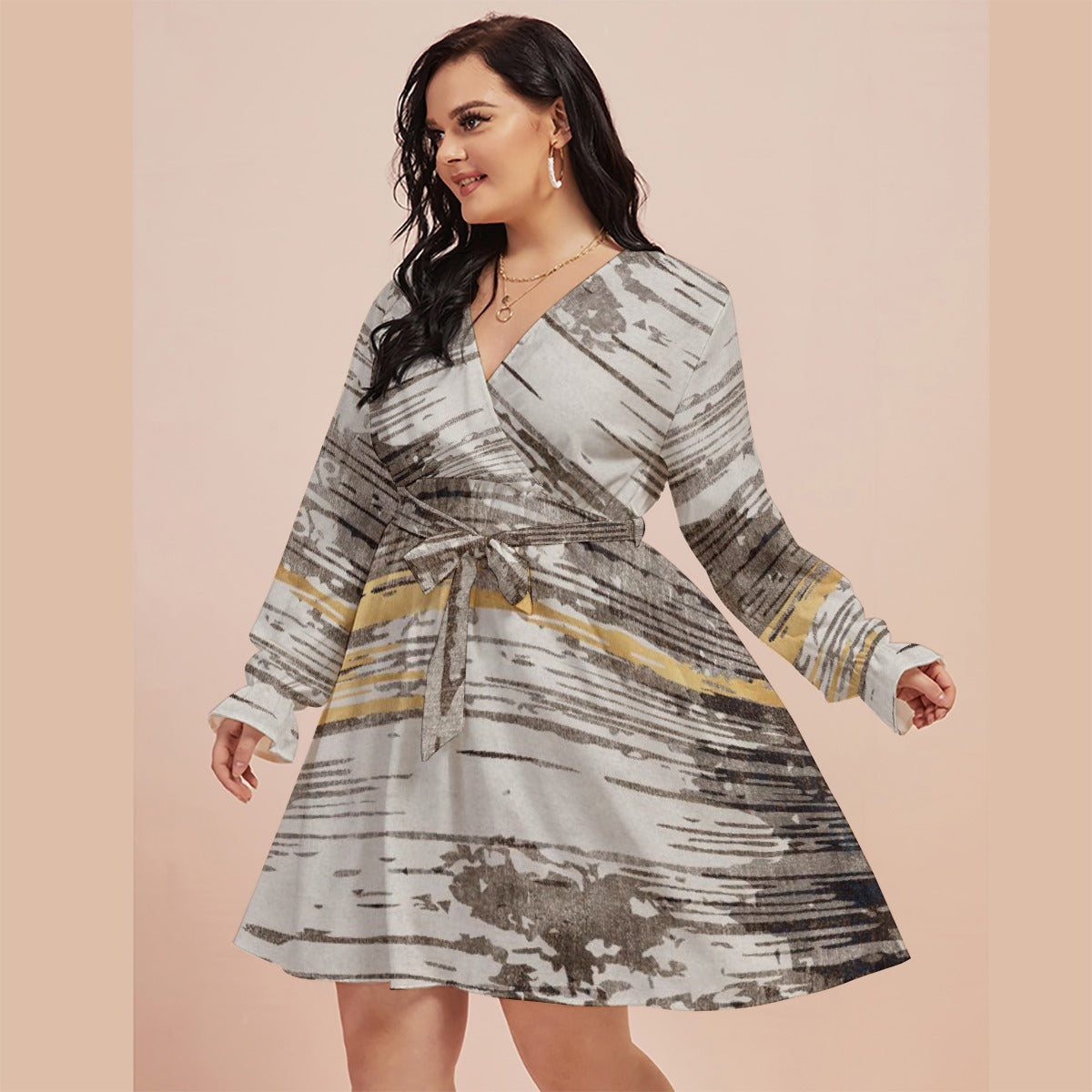 All-Over Print Women's V-neck Dress With Waistband(Plus Size)