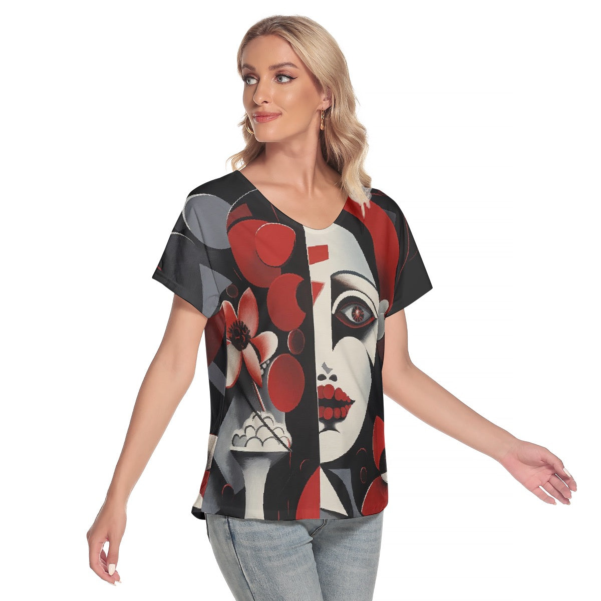 All-Over Print Women's Loose V-neck Short Sleeve T-shirt