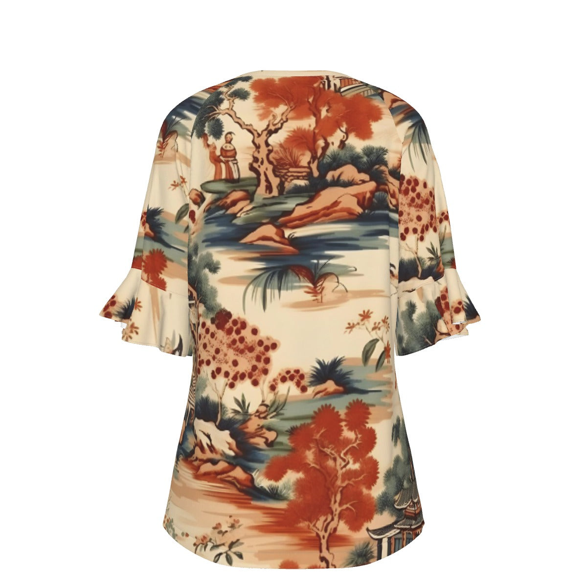 All-Over Print V-neck Women's T-shirt With Bell Sleeve