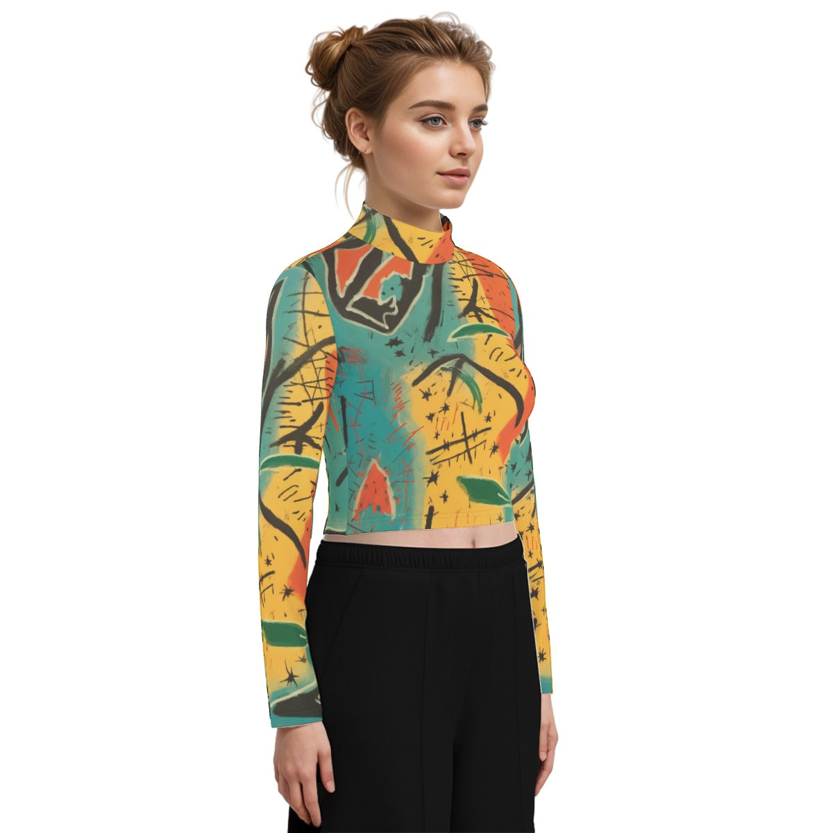 Eco-Friendly All-Over Print Women's Turtleneck T-shirt With Long Sleeve