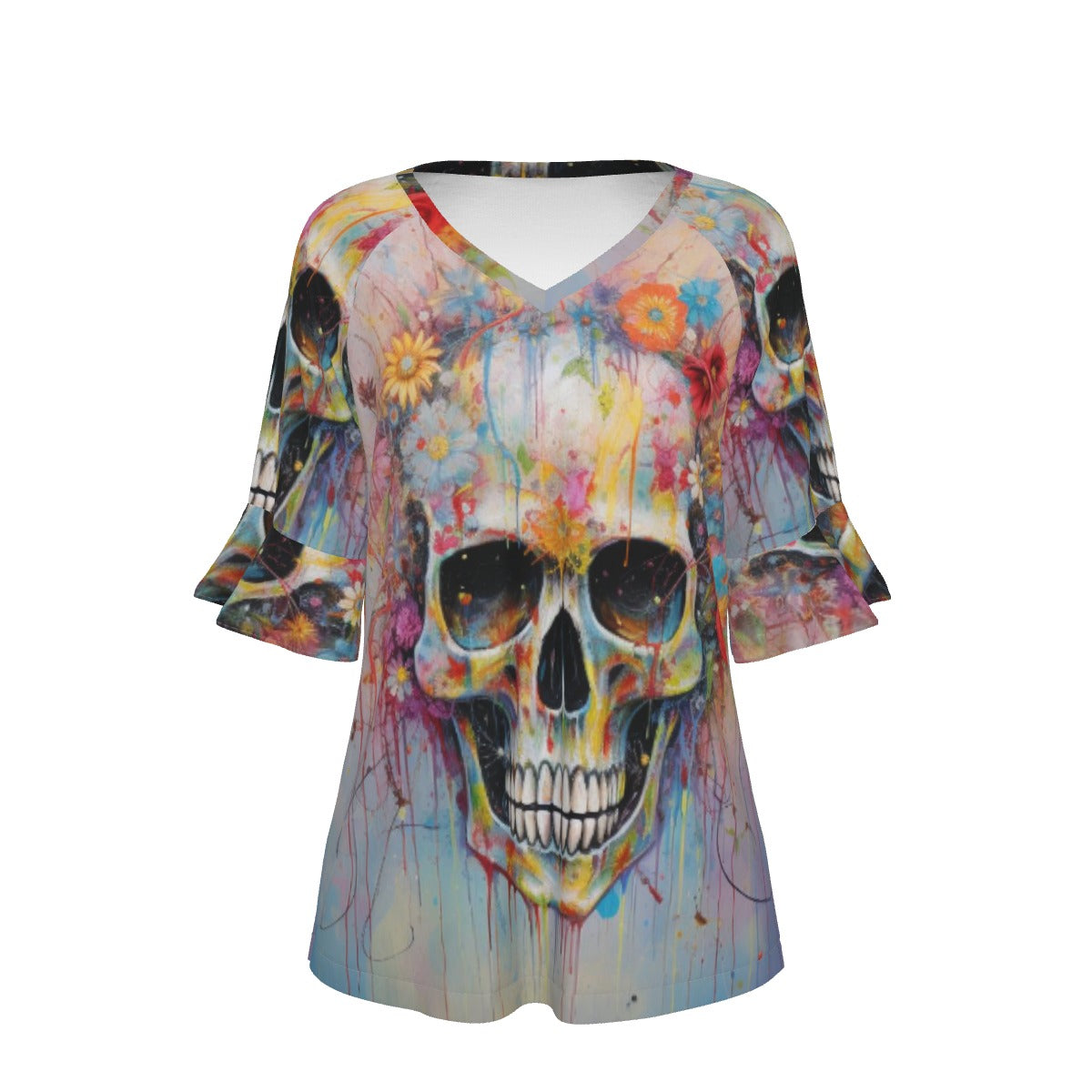 All-Over Print V-neck Women's T-shirt With Bell Sleeve