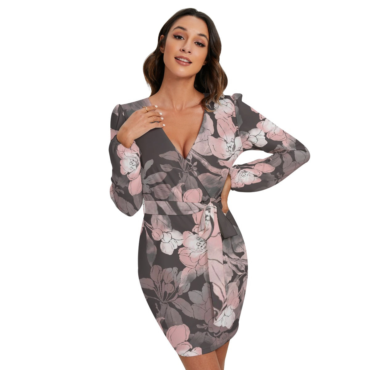 All-Over Print Women's Long Sleeve Dress With Waist Belt