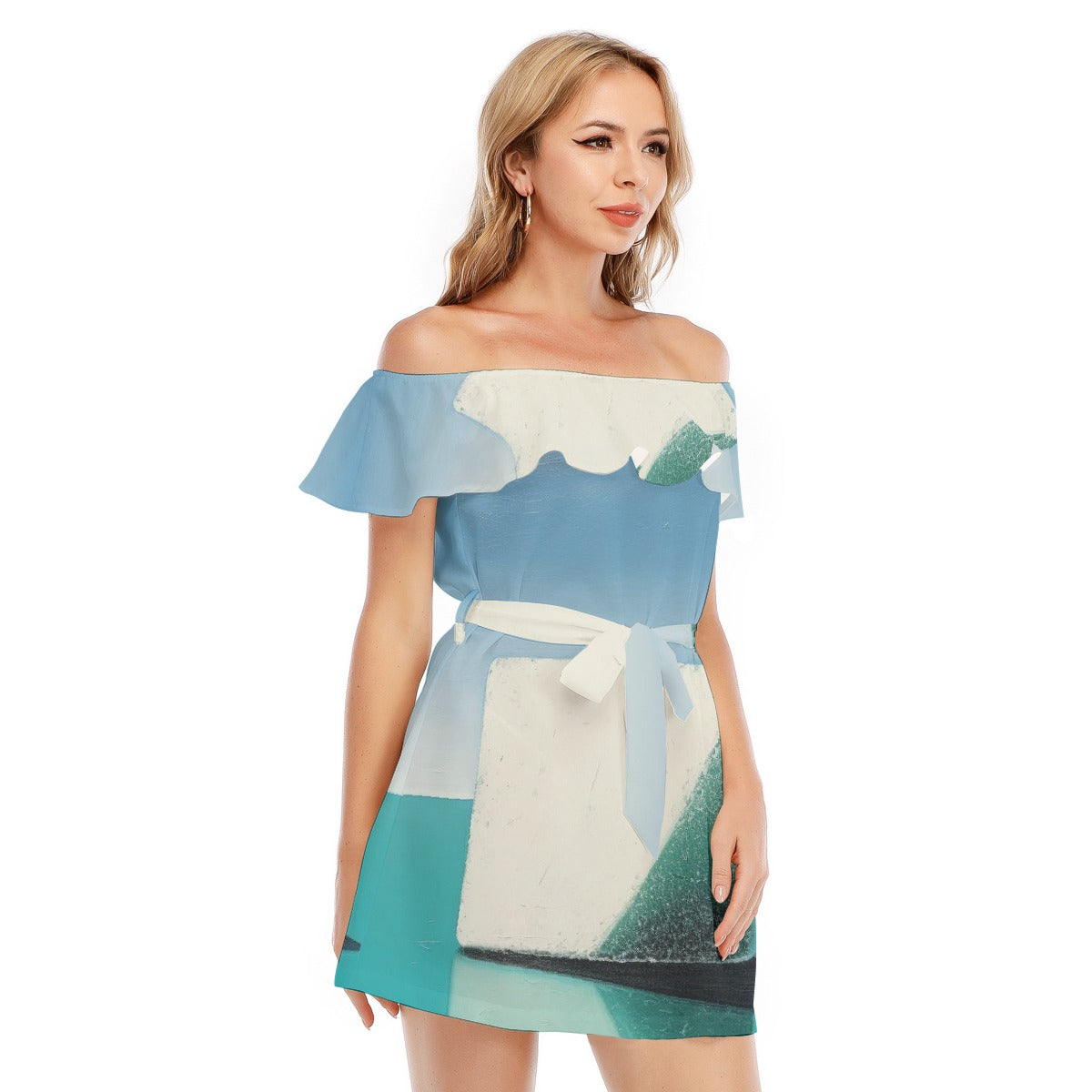 All-Over Print Women's Off-shoulder Dress With Ruffle