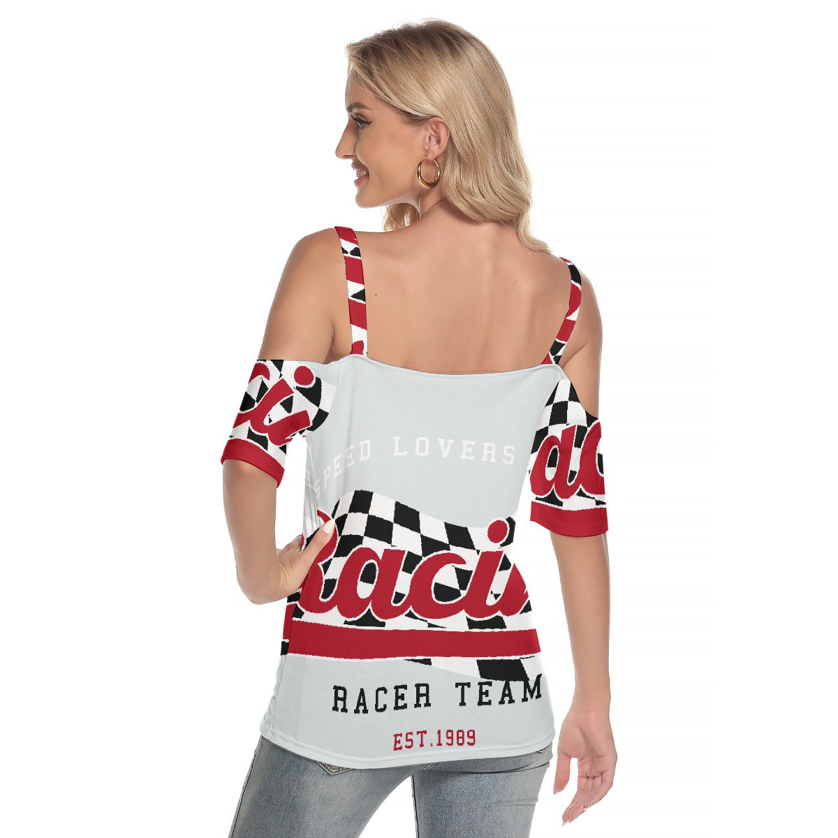 All-Over Print Women's Cold Shoulder T-shirt With Criss Cross Strips