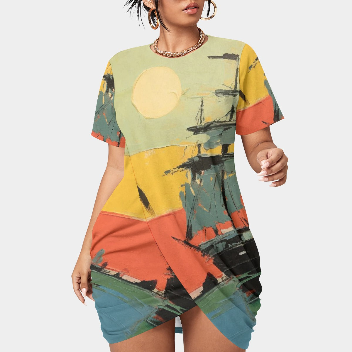 All-Over Print Women’s Stacked Hem Dress With Short Sleeve（Plus Size）