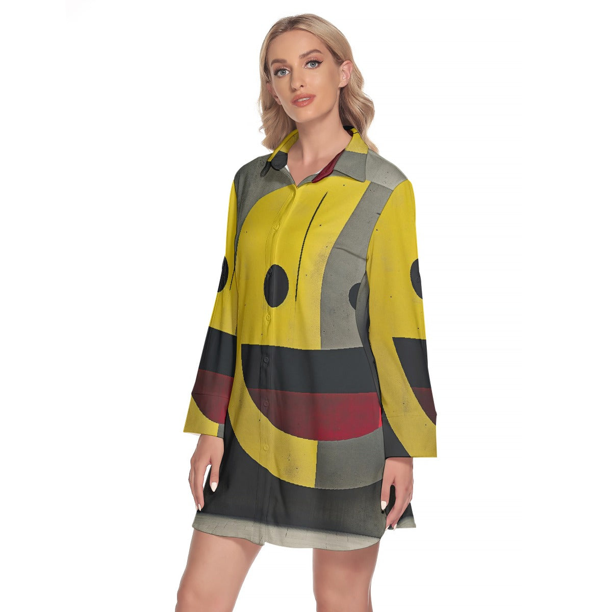 All-Over Print Women's Lapel Shirt Dress With Long Sleeve