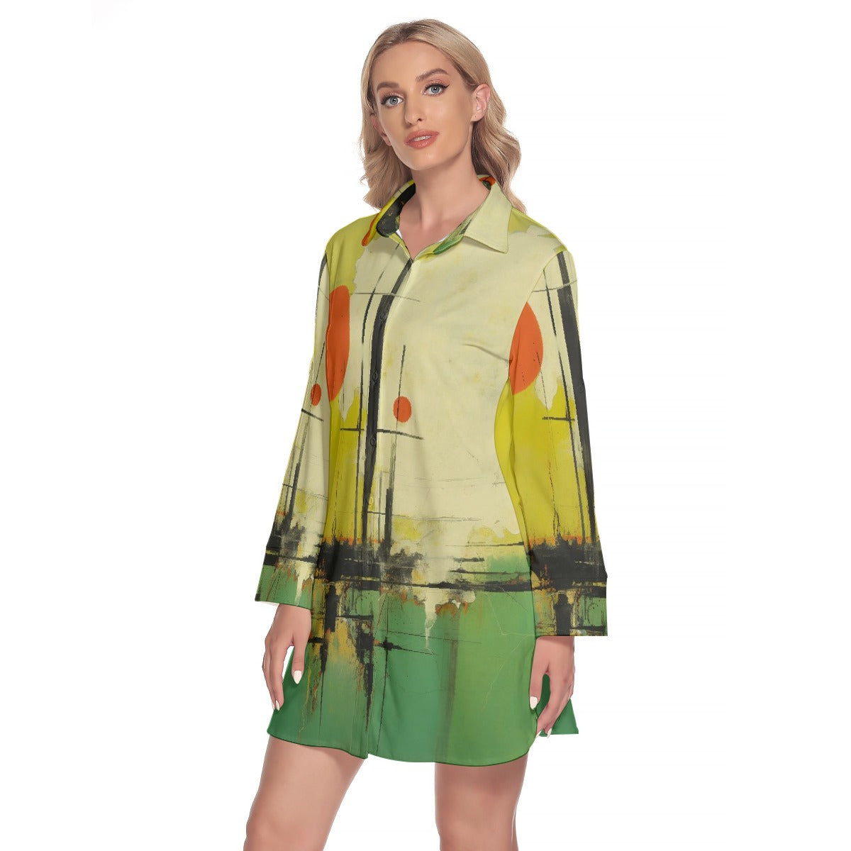 All-Over Print Women's Lapel Shirt Dress With Long Sleeve