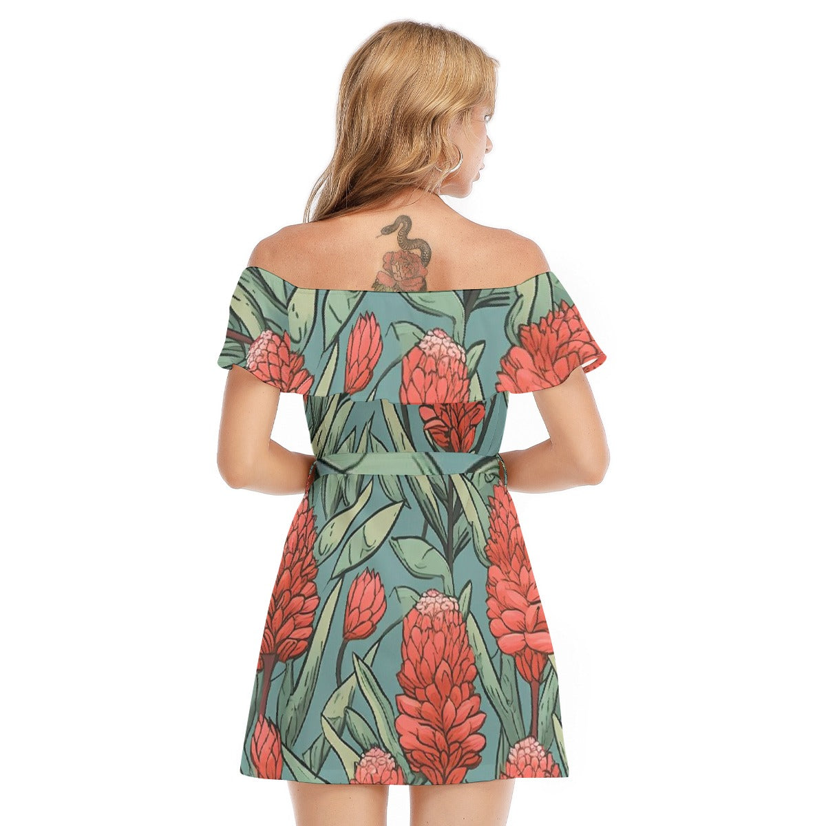 All-Over Print Women's Off-shoulder Dress With Ruffle