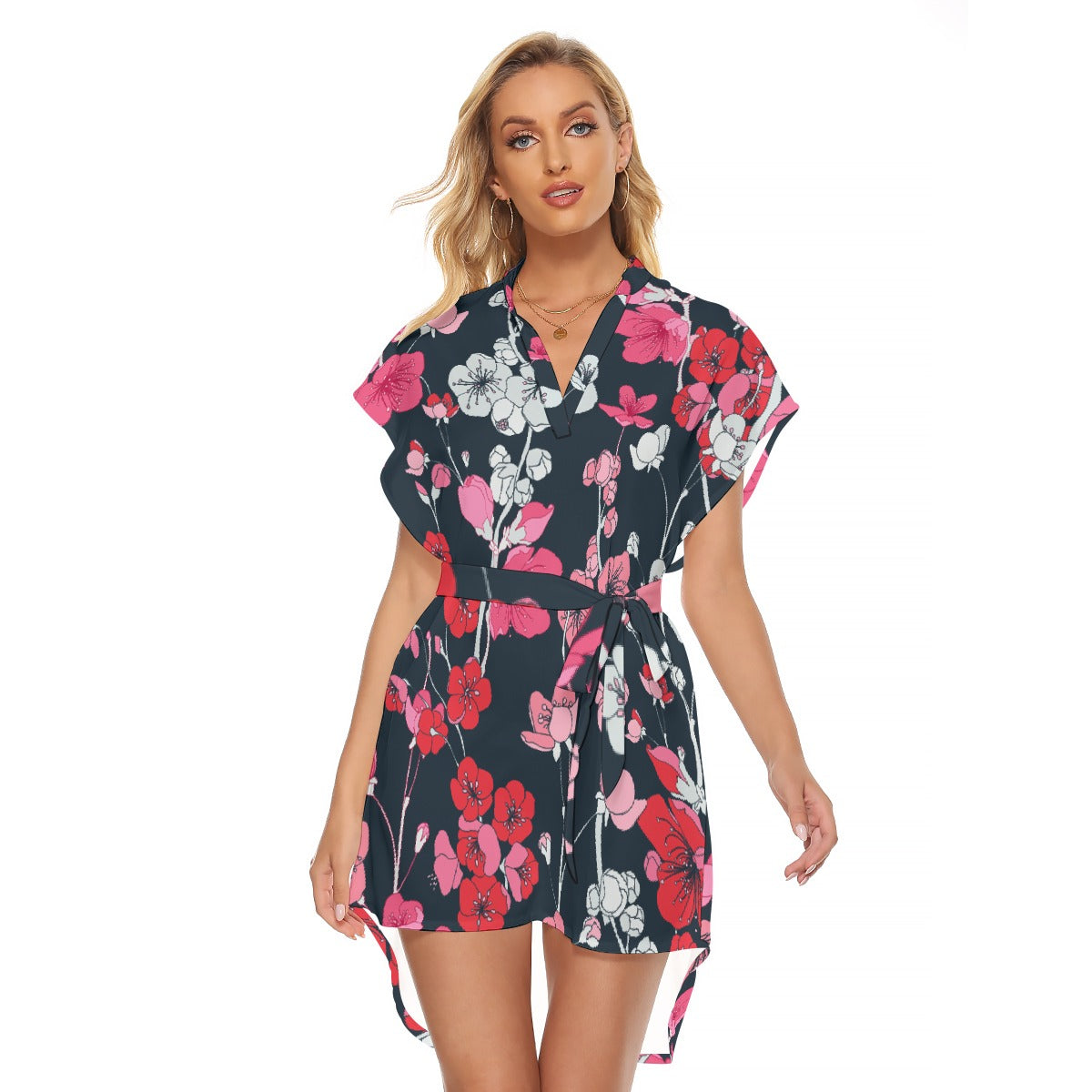 All-Over Print Women's Stand-up Collar Casual Dress With Belt