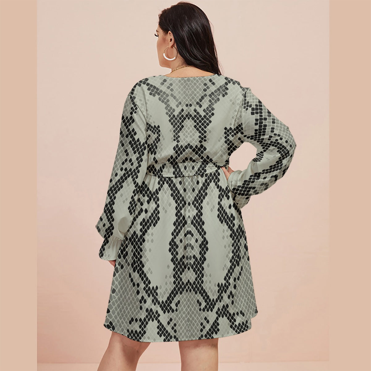 All-Over Print Women's V-neck Dress With Waistband(Plus Size)