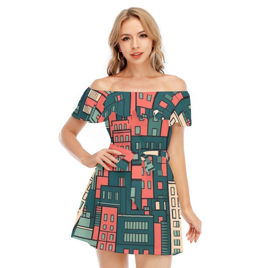 All-Over Print Women's Off-shoulder Dress With Ruffle