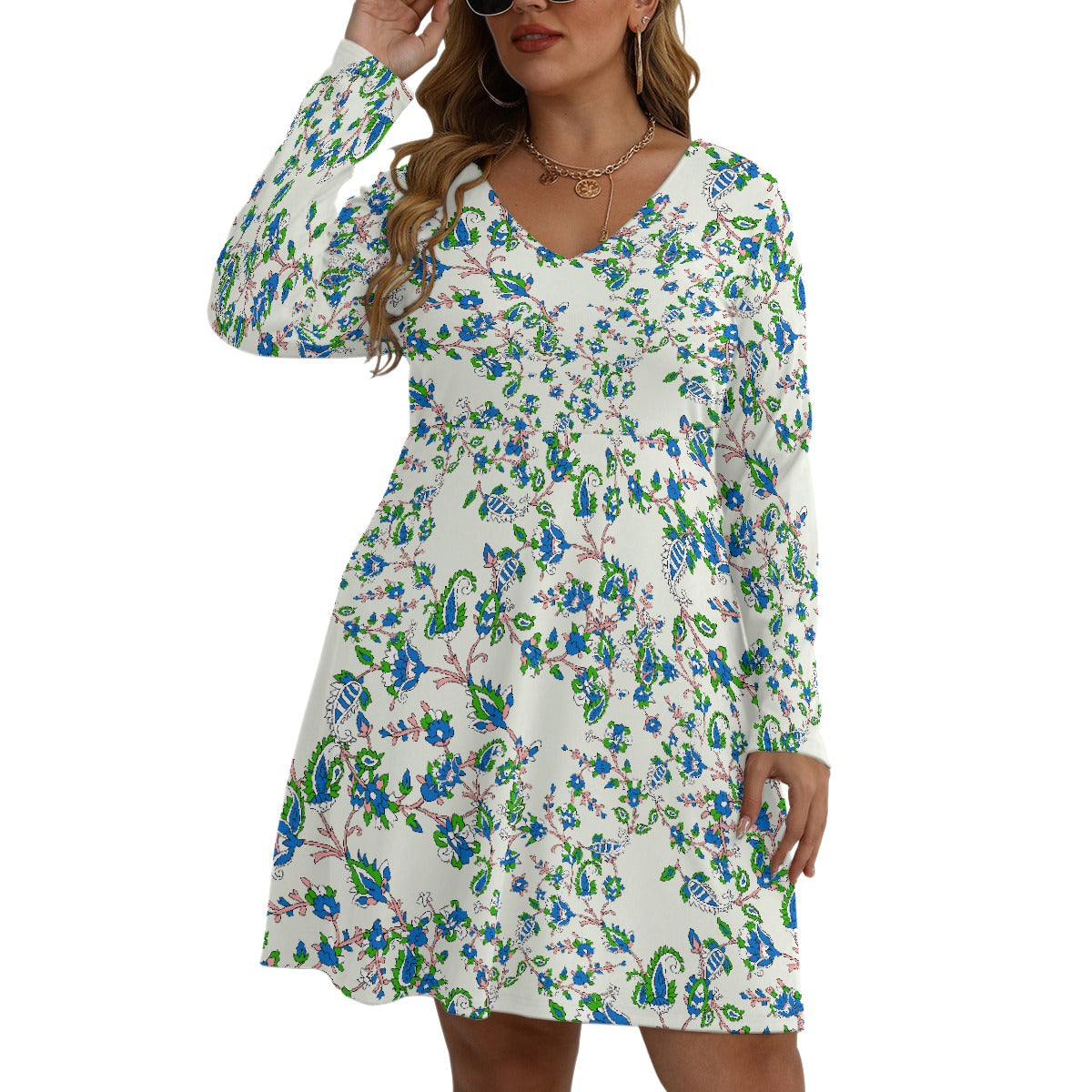 All-Over Print Women's V-neck Long Sleeve Dress(Plus Size)