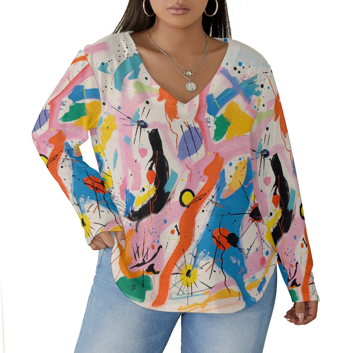 All-Over Print Women's V-neck T-shirt With Curved Hem(Plus Size)