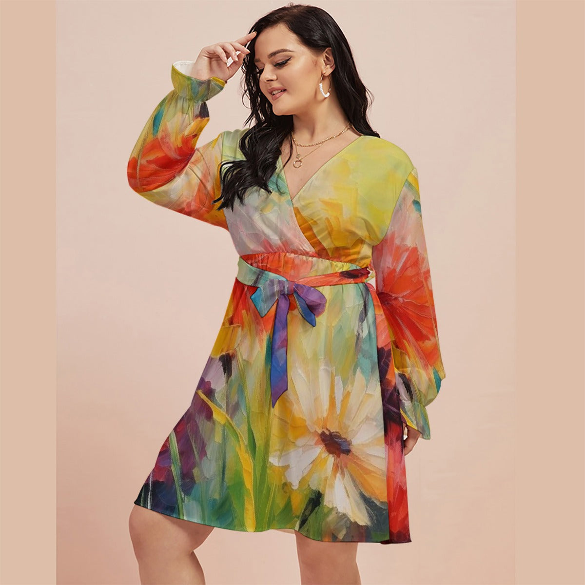 All-Over Print Women's V-neck Dress With Waistband(Plus Size)