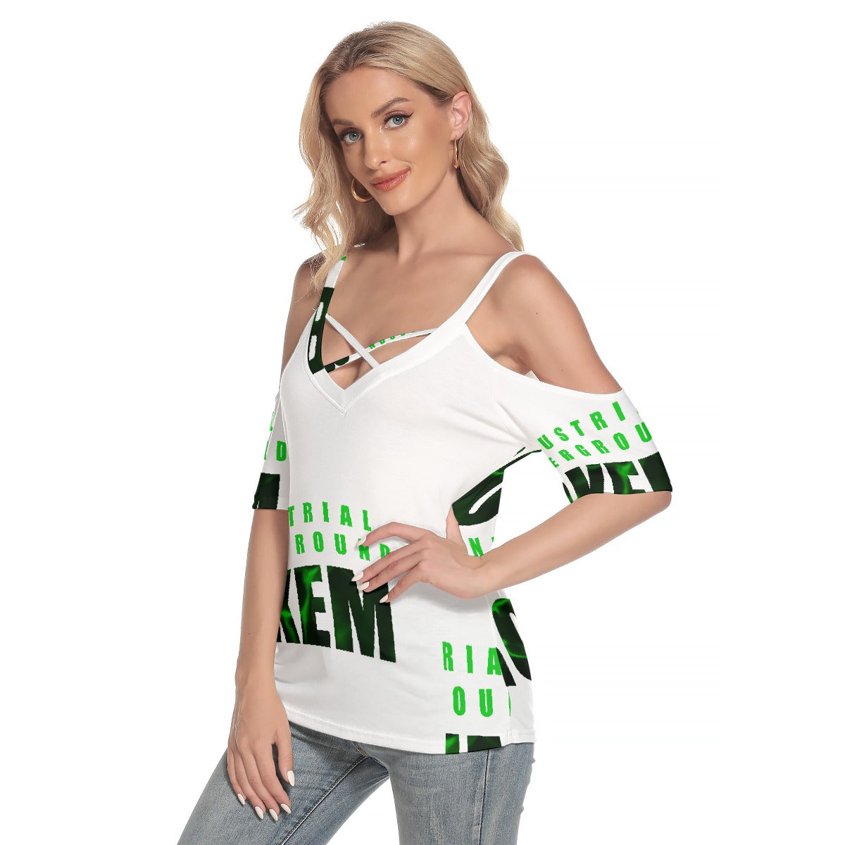 All-Over Print Women's Cold Shoulder T-shirt With Criss Cross Strips