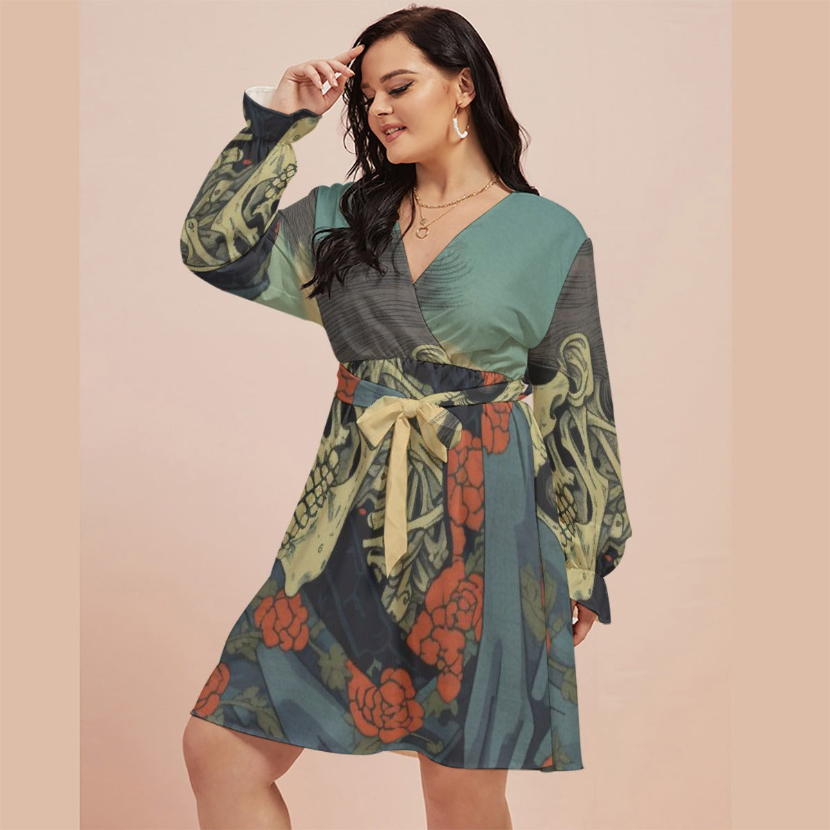 All-Over Print Women's V-neck Dress With Waistband(Plus Size)