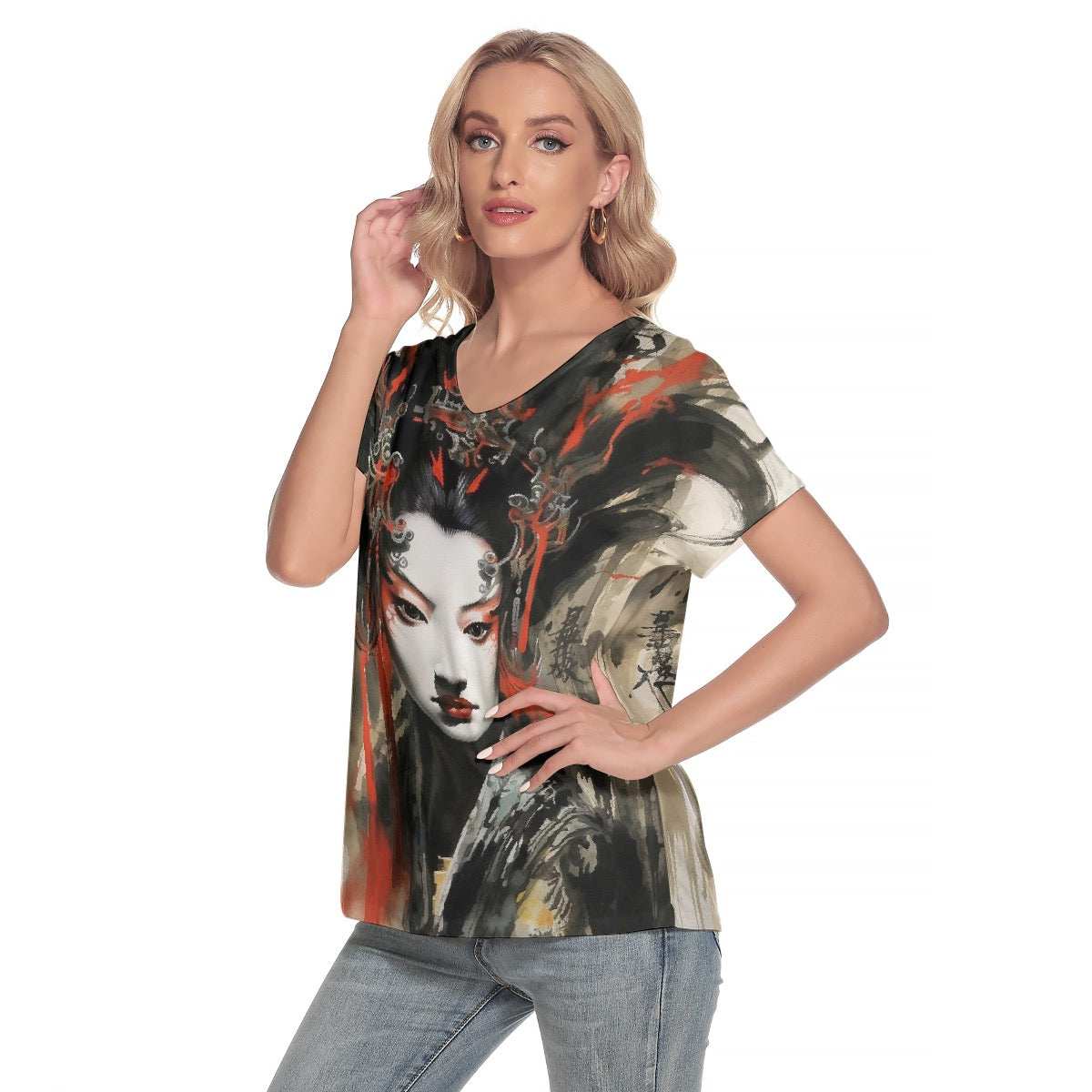 All-Over Print Women's Loose V-neck Short Sleeve T-shirt