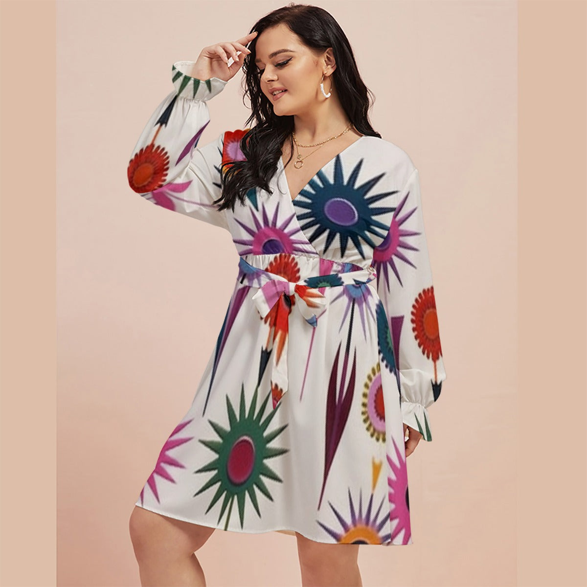 All-Over Print Women's V-neck Dress With Waistband(Plus Size)