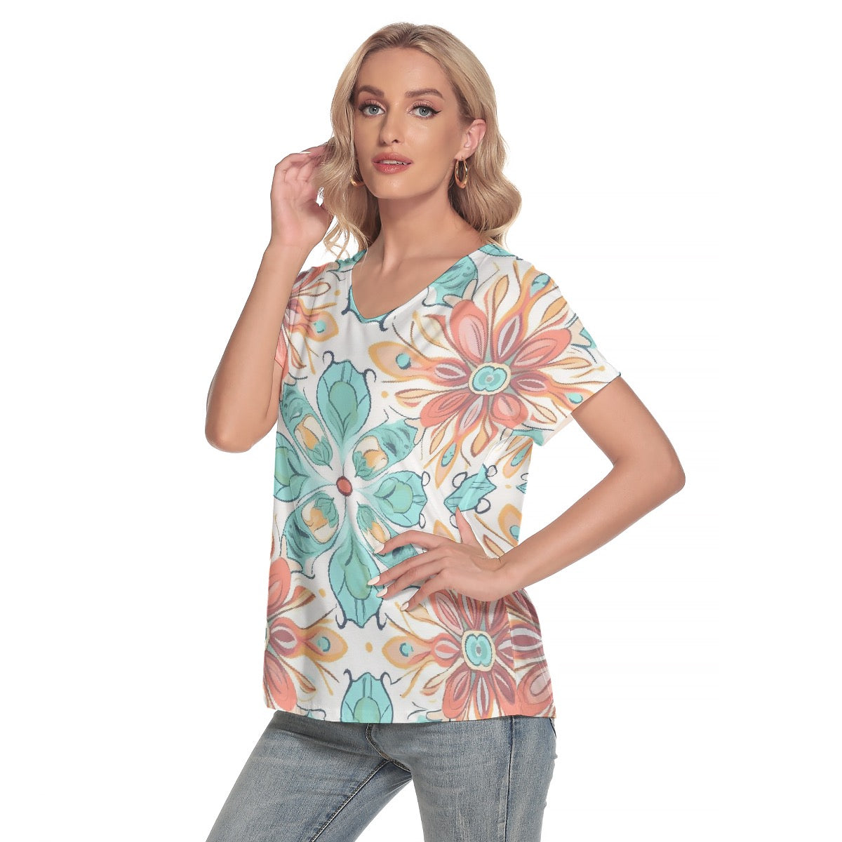 All-Over Print Women's Loose V-neck Short Sleeve T-shirt