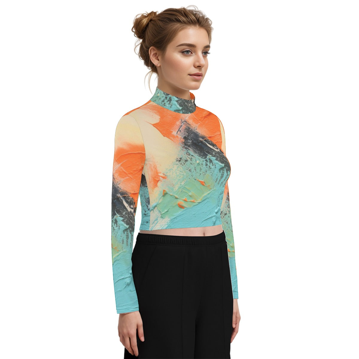 Eco-Friendly All-Over Print Women's Turtleneck T-shirt With Long Sleeve