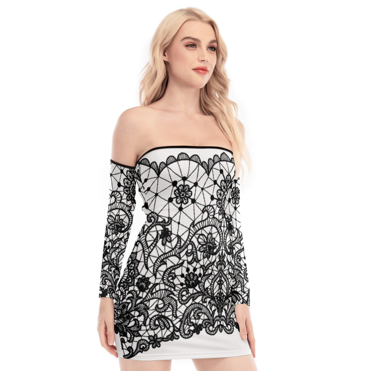 All-Over Print Women's Off-shoulder Back Lace-up Dress