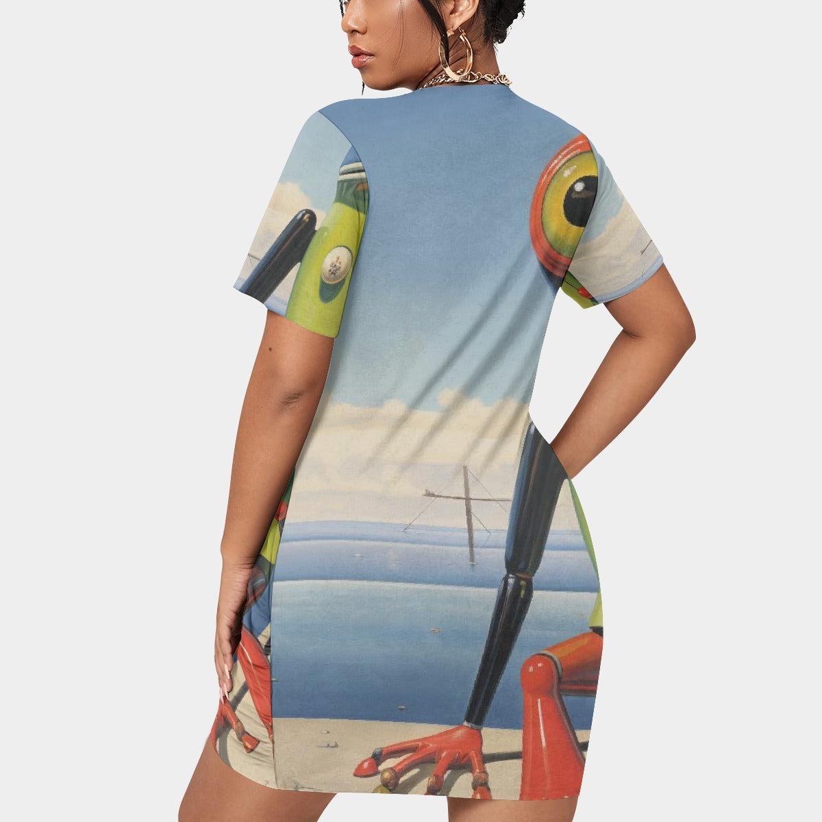 All-Over Print Women’s Stacked Hem Dress With Short Sleeve（Plus Size）