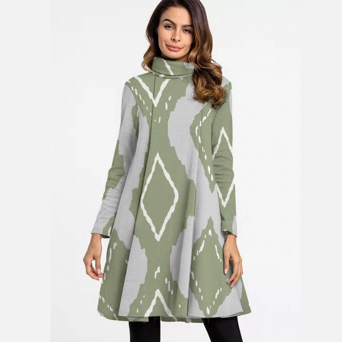 All-Over Print Women's High Neck Dress With Long Sleeve