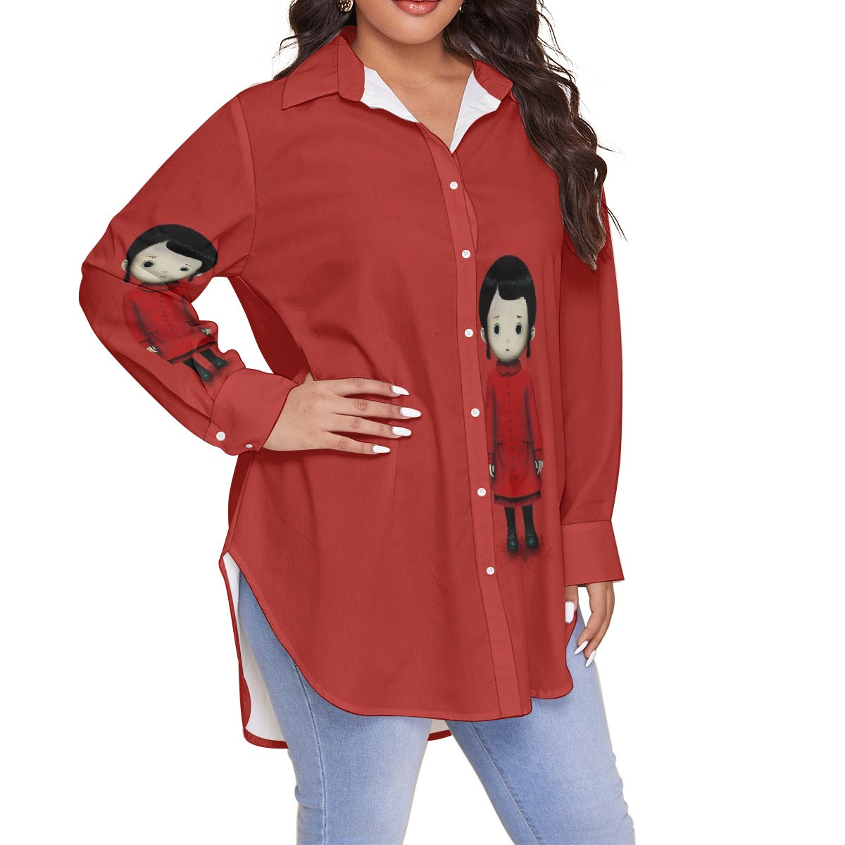 All-Over Print Women's Shirt With Long Sleeve(Plus Size)