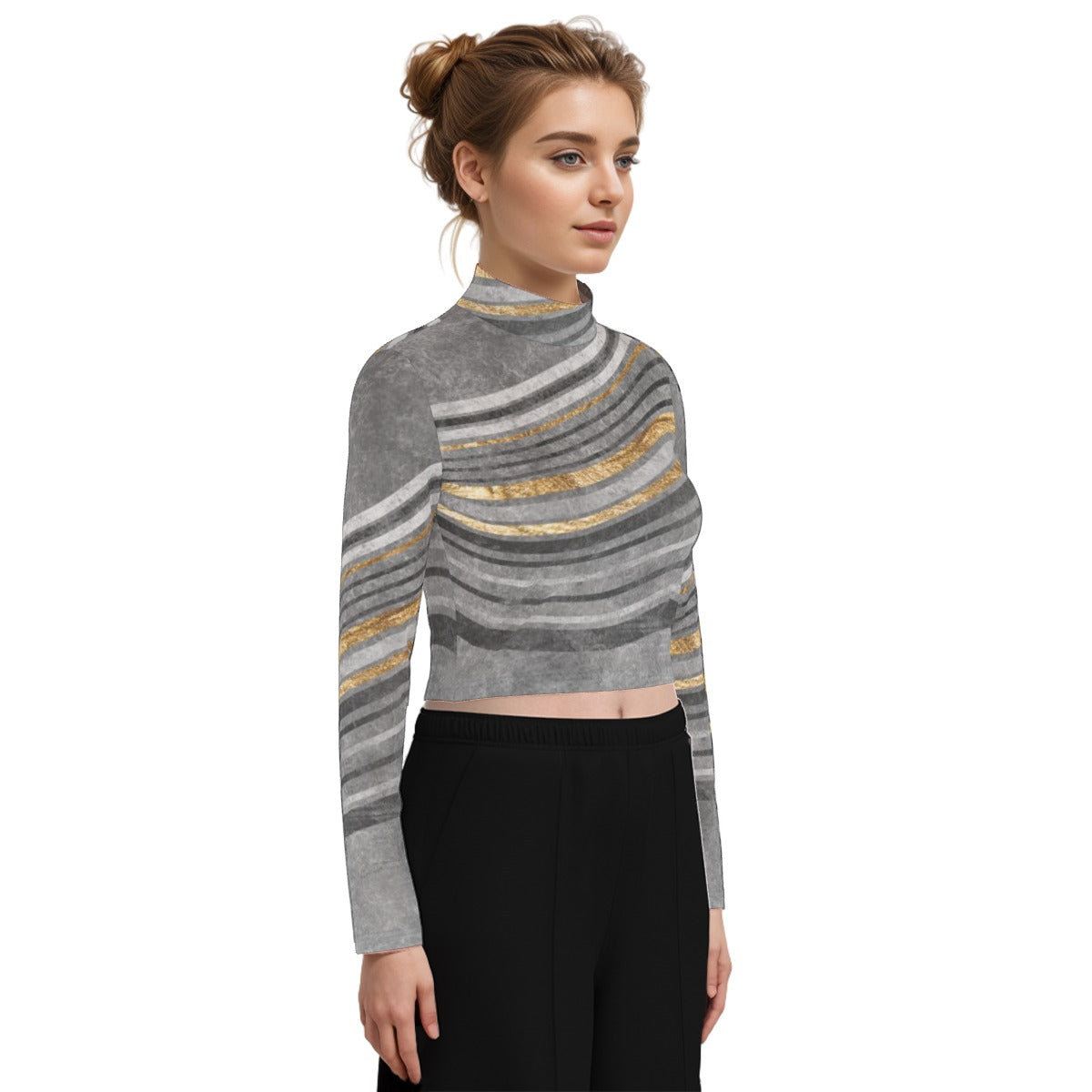 Eco-Friendly All-Over Print Women's Turtleneck T-shirt With Long Sleeve