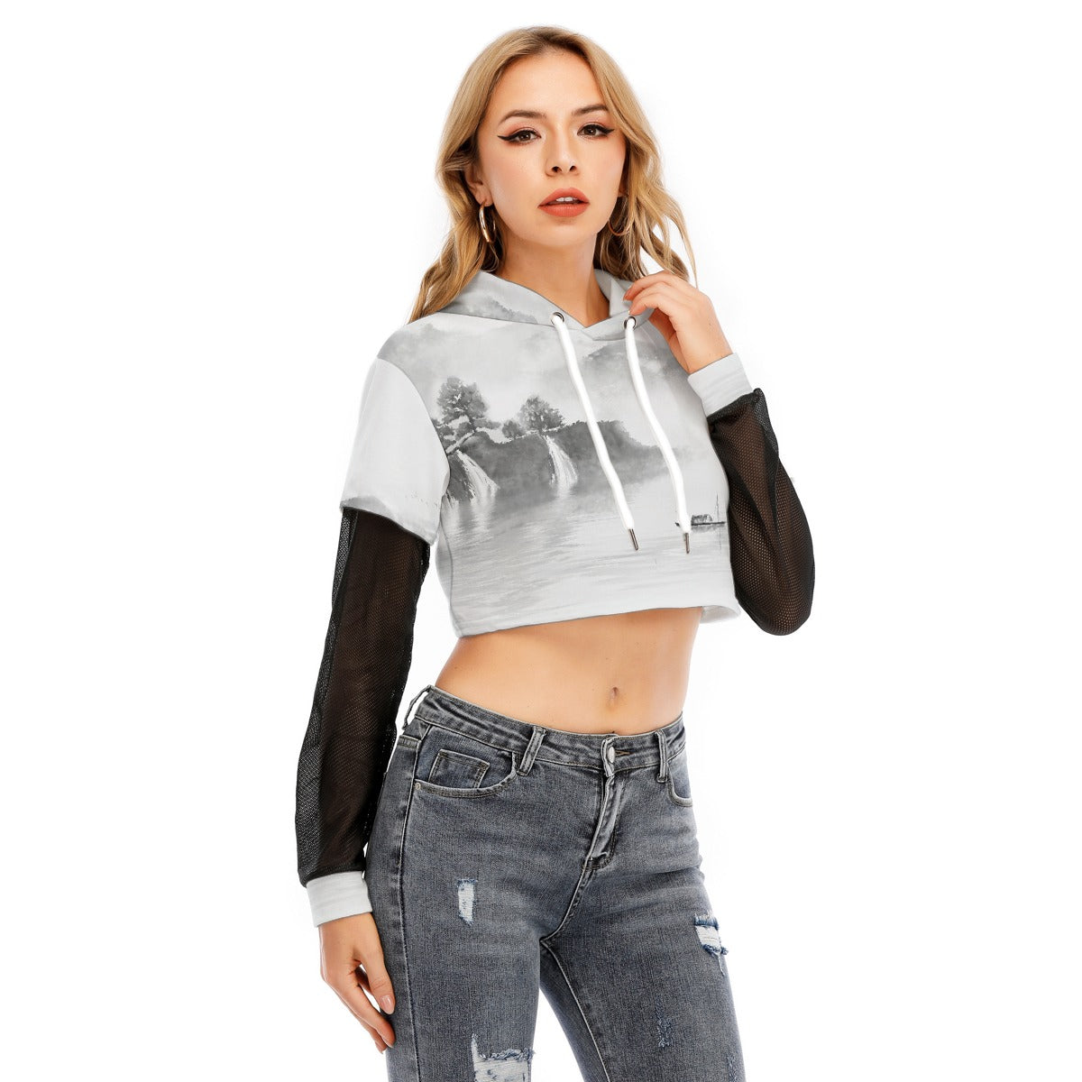 All-Over Print Women's Fake Two-piece Mesh Sleeve Cropped Hoodie