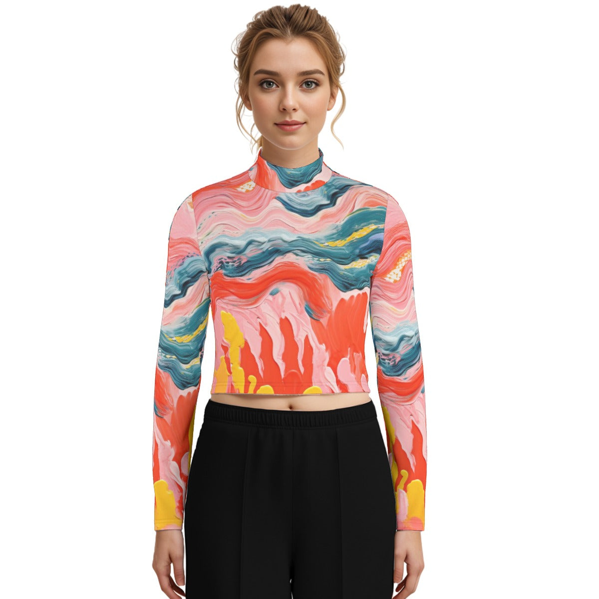 Eco-Friendly All-Over Print Women's Turtleneck T-shirt With Long Sleeve