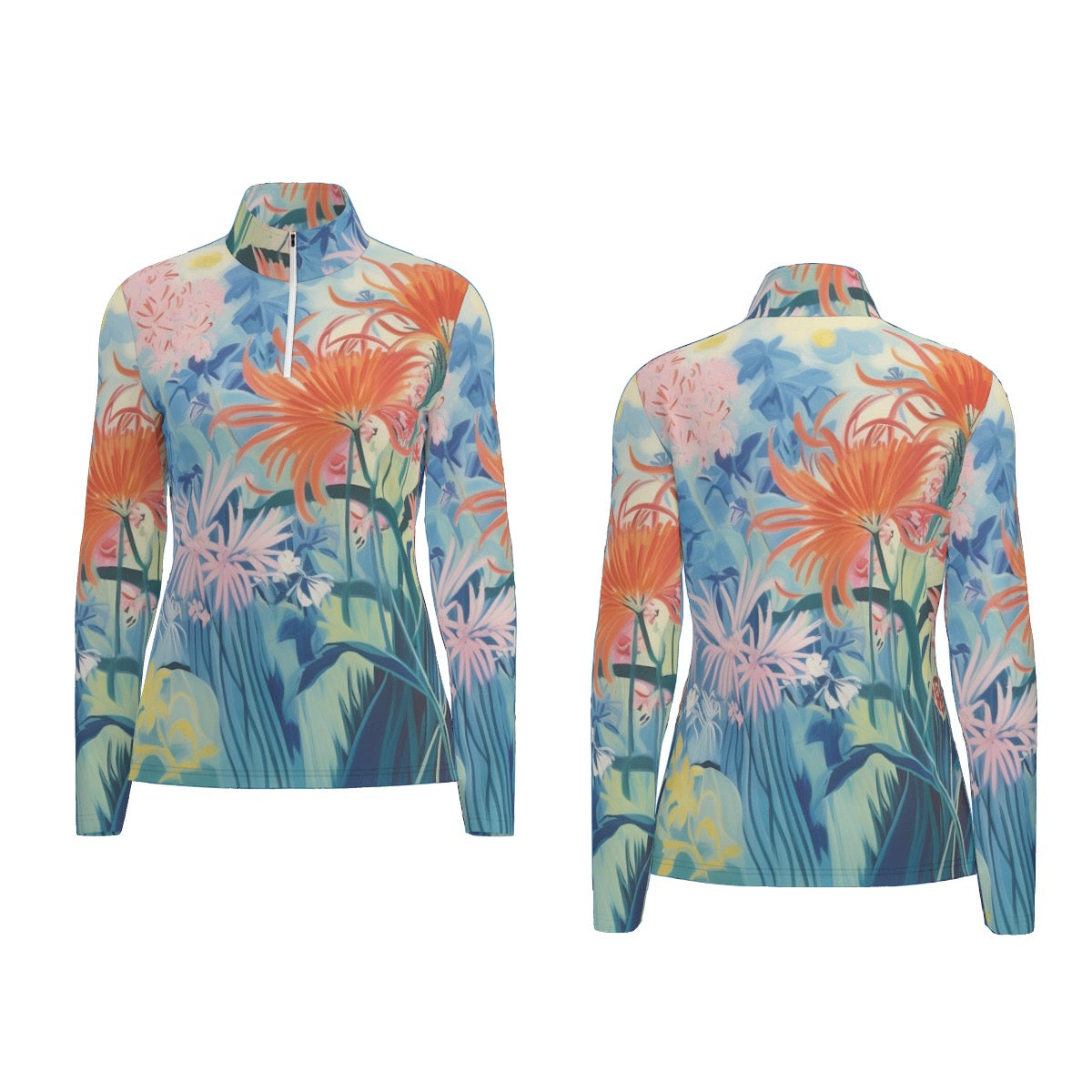 All-Over Print Women's Sports Collar Jersey With Long Sleeve