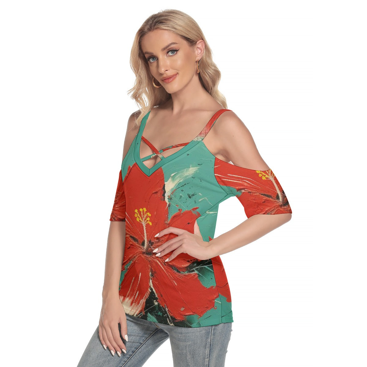 All-Over Print Women's Cold Shoulder T-shirt With Criss Cross Strips