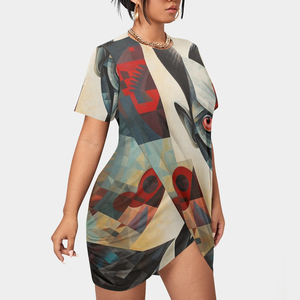 All-Over Print Women’s Stacked Hem Dress With Short Sleeve（Plus Size）