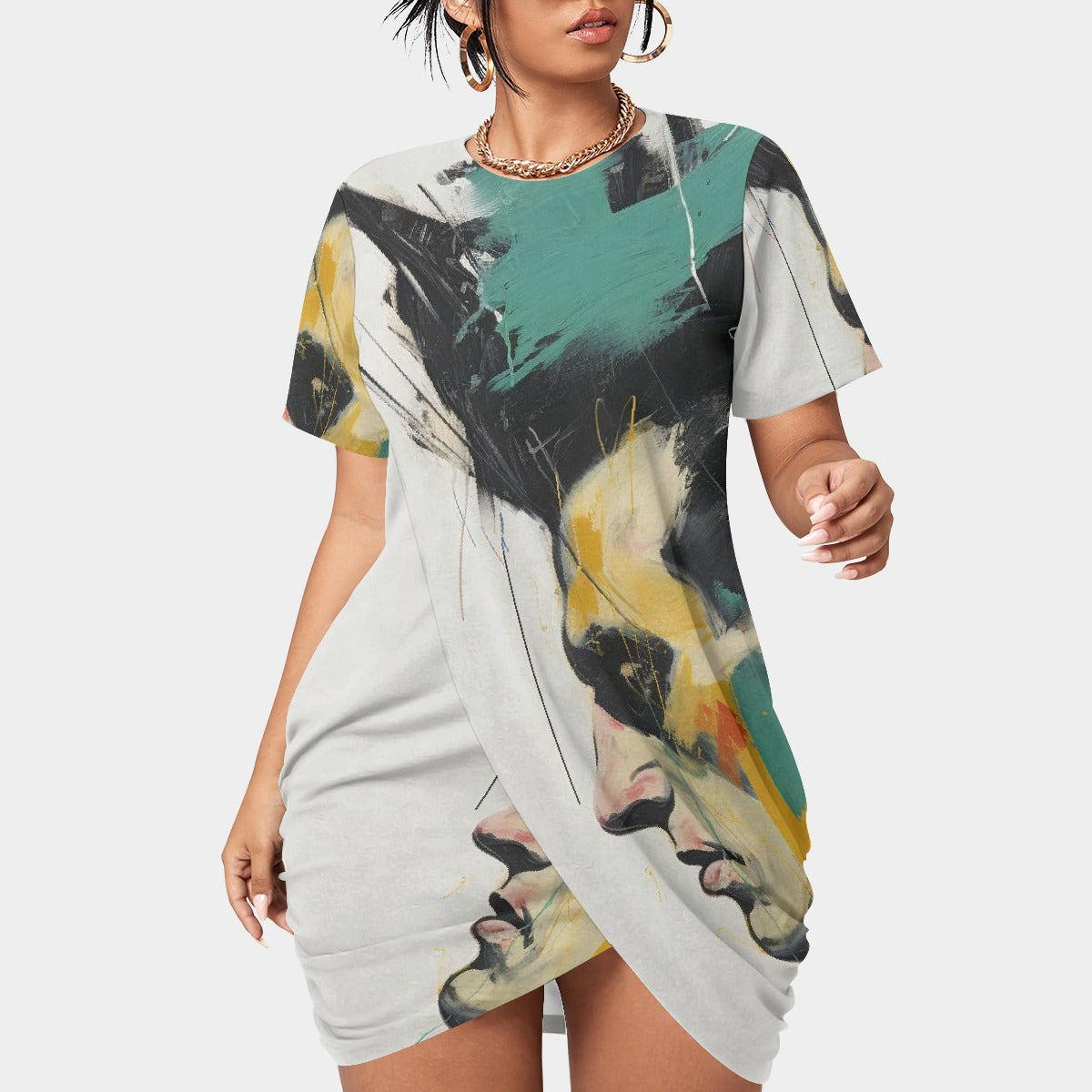 All-Over Print Women’s Stacked Hem Dress With Short Sleeve（Plus Size）