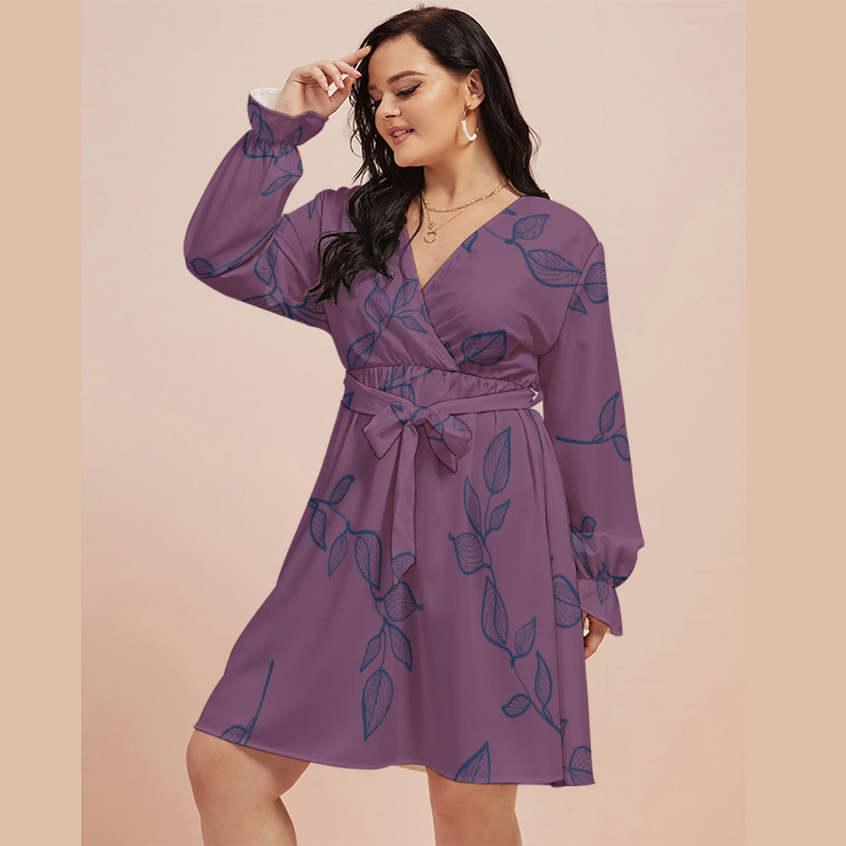 All-Over Print Women's V-neck Dress With Waistband(Plus Size)