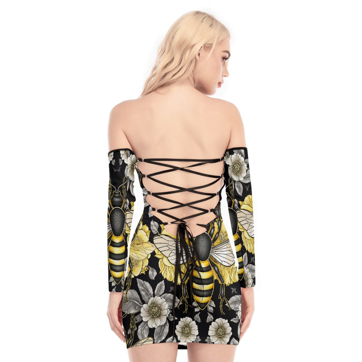 All-Over Print Women's Off-shoulder Back Lace-up Dress